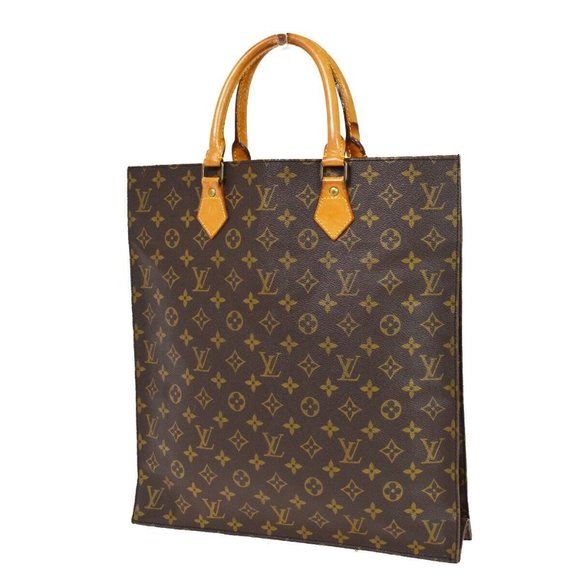 Authentic LOUIS VUITTON Logo Sac Plat Hand Tote Bag Monogram Leather Brown - Picture 1 of 15